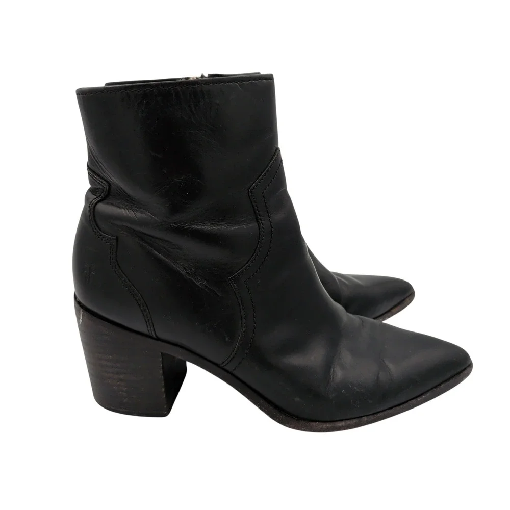 Frye Flynn Short Black Leather Pointed Toe Ankle Boots 8M 3470885-BLK